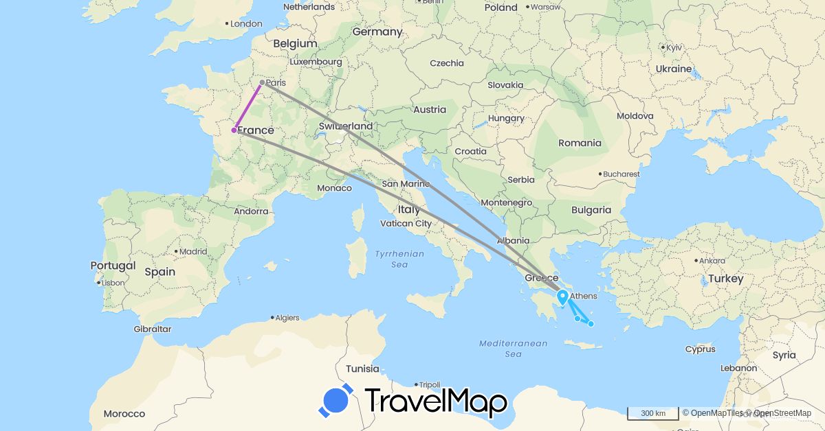 TravelMap itinerary: driving, plane, train, boat in France, Greece (Europe)